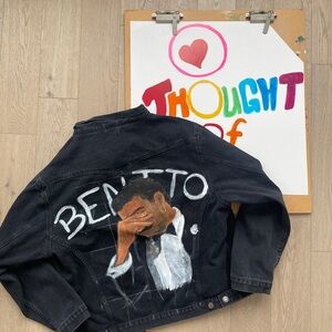 Bad Bunny Black Denim Jacket with Hand-Painted Design